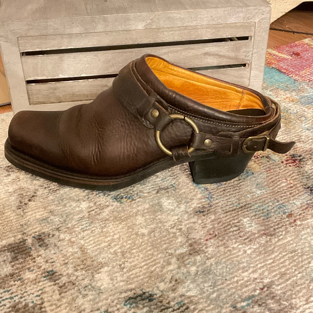 Frye Brown Leather Mules with Buckle Detail - Picture 12 of 16